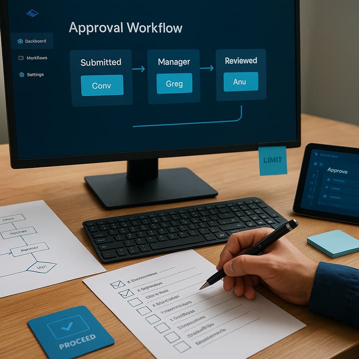Diagram: centralized approval OS routing requests, enforcing schema and SLAs, and sending outcomes to CRM and analytics